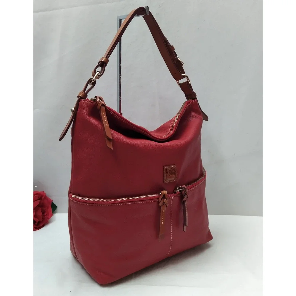 Dooney & Bourke Red Pebbled Leather Zipper Pockets Hobo Shoulder Bag